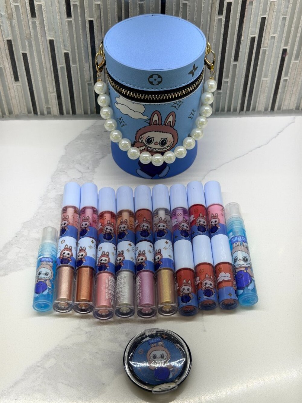 Blue Bunny Designer Inspired Cosmetic Bag Lip Gloss Makeup Set 22 Pc Pearl Strap